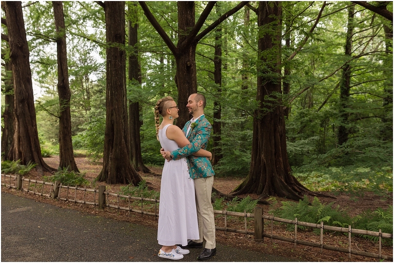 R&A's National Arboretum intimate spring wedding in Washington DC surrounded by redwoods, the rose garden, the herb garden, and their unique wedding styles.