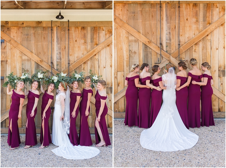 Baylee & Josh's August wedding at Skyridge Farm's rustic barn with a summer storm and sunset portraits in the Shenandoah Valley, Virginia. Purple maroon floor length bridesmaid dresses.