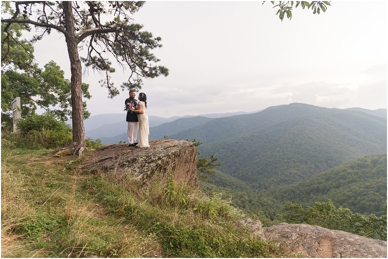 Veronica & Curtis's sunset Blue Ridge Parkway elopement in late summer. Their intimate wedding included their closest family members and a reception dinner in Charlottesville, Virginia.