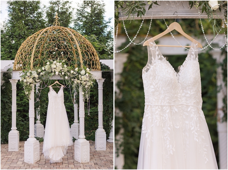 Lynn & TJ's classically beautiful wedding at The Bedford Columns in southwest Virginia with a gold and white gazebo decorated with green and white florals. Wedding dress photos