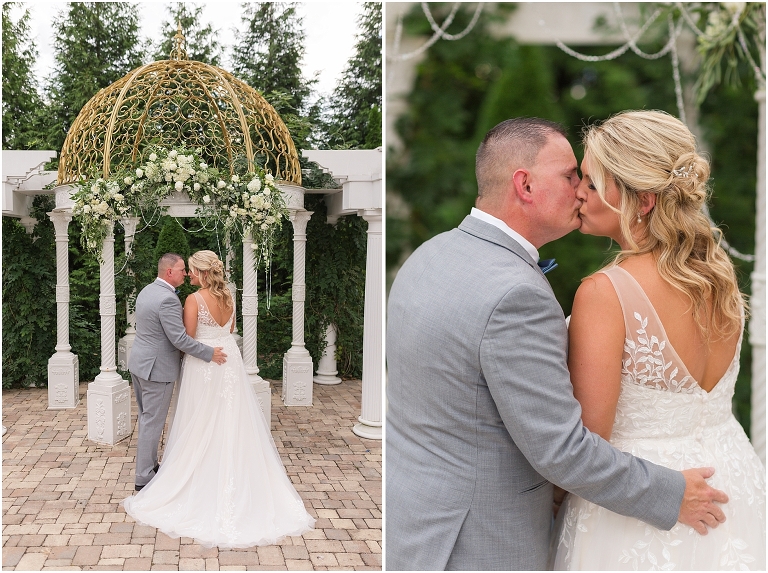 Lynn & TJ's classically beautiful wedding at The Bedford Columns in southwest Virginia with a gold and white gazebo decorated with green and white florals.