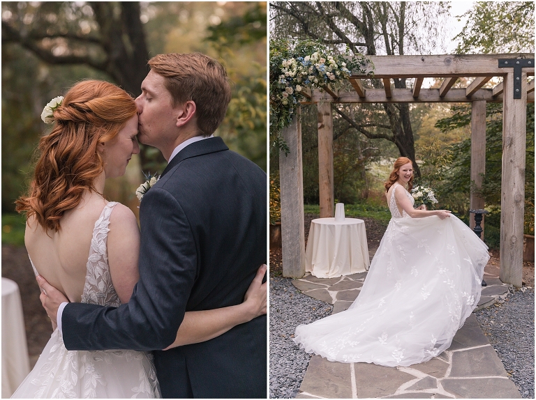 Emma & Dan's The Mill at Fine Creek Richmond autumn wedding with a riverside first look, ceremony in the garden surrounded by fall foliage, and portraits in the fairy light lit abandoned mill at dusk.