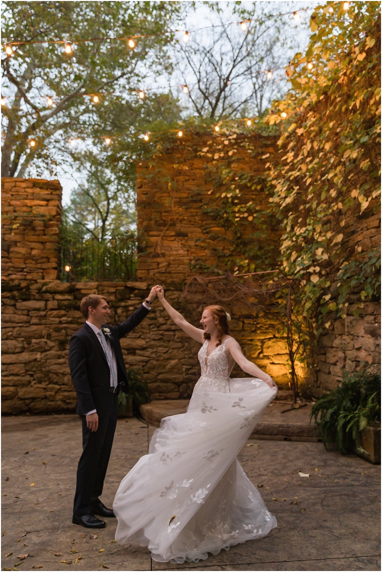 Emma & Dan's The Mill at Fine Creek Richmond autumn wedding with a riverside first look, ceremony in the garden surrounded by fall foliage, and portraits in the fairy light lit abandoned mill at dusk.