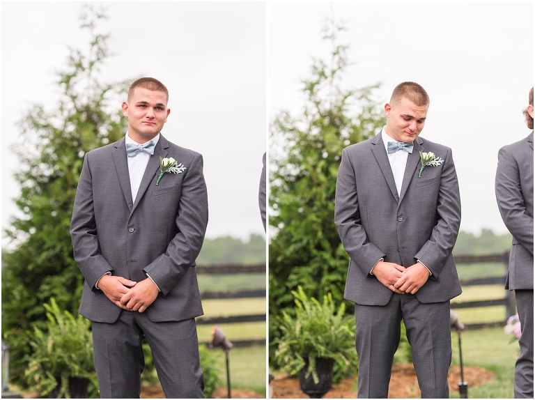 Abby & Travis's rainy wedding at Red August Farm in the Shenandoah Valley, Virginia with clear umbrella wedding portraits and a sparkler exit. This is the groom seeing the bride for the first time as she walks down the aisle