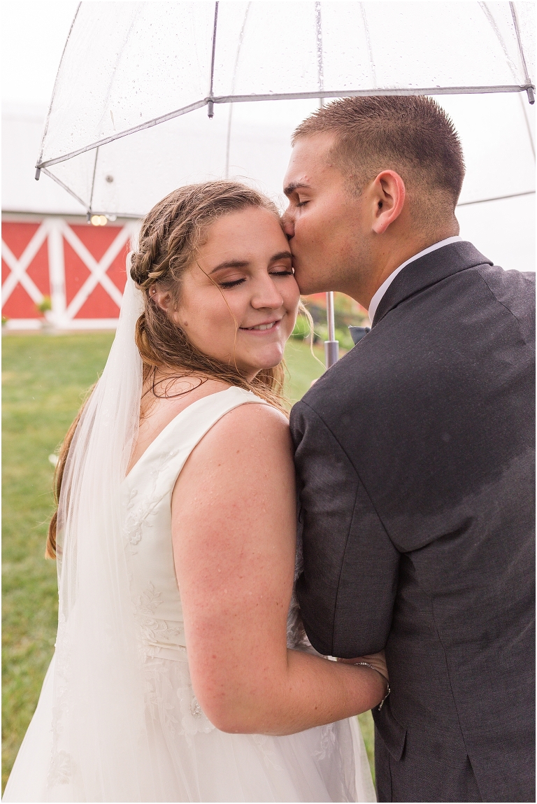 Abby & Travis's rainy wedding at Red August Farm in the Shenandoah Valley, Virginia with clear umbrella wedding portraits and a sparkler exit.