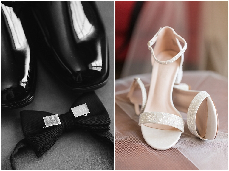 Savanna & Colin's Roanoke wedding with portraits at Hotel Roanoke and a reception and newlywed portraits at the Taubman Museum of Art. Detail shots of bridal shoes and groom shoes, bow tie, and engraved cufflinks