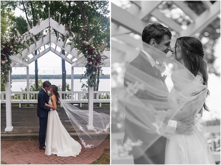 Allie & Cam's autumn riverside Richmond wedding at Celebrations at the Reservoir with a first dance under the lights, forest newlywed portraits, a dessert table, and a signature drink named after their dog.