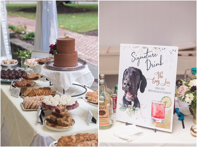 Allie & Cam's autumn riverside Richmond wedding at Celebrations at the Reservoir with a first dance under the lights, forest newlywed portraits, a dessert table, and a signature drink named after their dog.