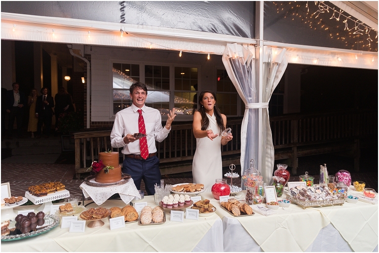 Allie & Cam's autumn riverside Richmond wedding at Celebrations at the Reservoir with a first dance under the lights, forest newlywed portraits, a dessert table, and a signature drink named after their dog.