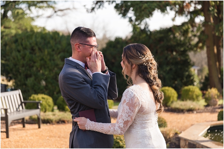 Rachael & Trent's red velvet and white winter wedding at the Inn at Willow Grove with a first look with bridesmaids, first look and letter reading, ceremony in the hidden garden, sunset mountain newlywed portraits, and a fairy light tent reception.