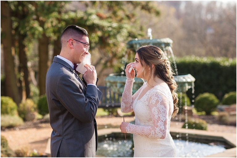Rachael & Trent's red velvet and white winter wedding at the Inn at Willow Grove with a first look with bridesmaids, first look and letter reading, ceremony in the hidden garden, sunset mountain newlywed portraits, and a fairy light tent reception.