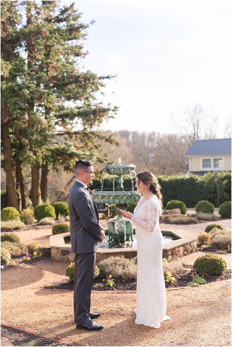 Rachael & Trent's red velvet and white winter wedding at the Inn at Willow Grove with a first look with bridesmaids, first look and letter reading, ceremony in the hidden garden, sunset mountain newlywed portraits, and a fairy light tent reception.