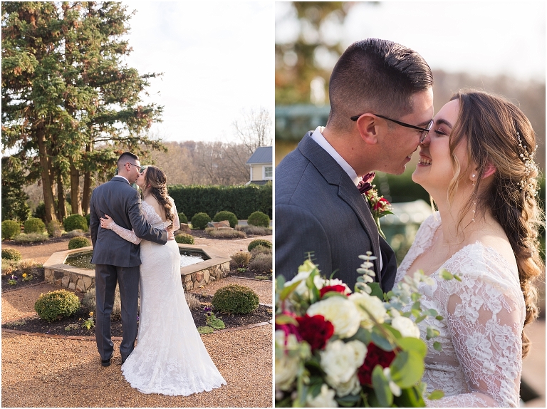 Rachael & Trent's red velvet and white winter wedding at the Inn at Willow Grove with a first look with bridesmaids, first look and letter reading, ceremony in the hidden garden, sunset mountain newlywed portraits, and a fairy light tent reception.