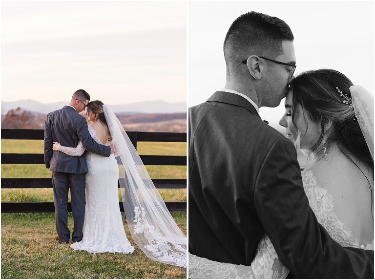Rachael & Trent's red velvet and white winter wedding at the Inn at Willow Grove with a first look with bridesmaids, first look and letter reading, ceremony in the hidden garden, sunset mountain newlywed portraits, and a fairy light tent reception.