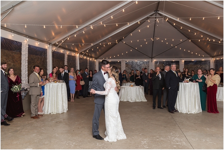 Rachael & Trent's red velvet and white winter wedding at the Inn at Willow Grove with a first look with bridesmaids, first look and letter reading, ceremony in the hidden garden, sunset mountain newlywed portraits, and a fairy light tent reception.