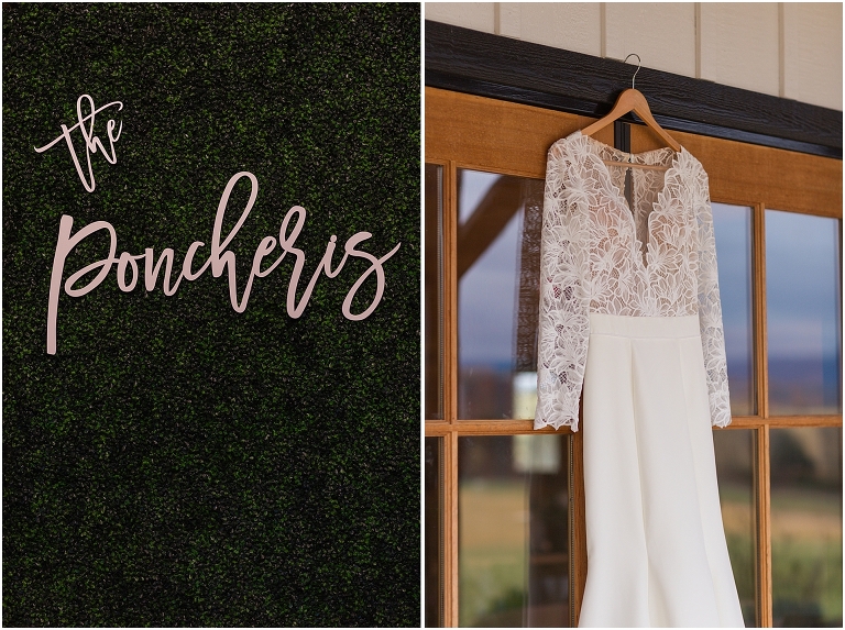 Kristin & Casey's green corduroy winter white barn wedding at Renback Barn with a custom wedding name sign, mountain view wedding portraits, all black wedding party clothes, wedding jean jacket, and sparkler exit. This is their custom wedding name sign and a hanging wedding dress detail photo