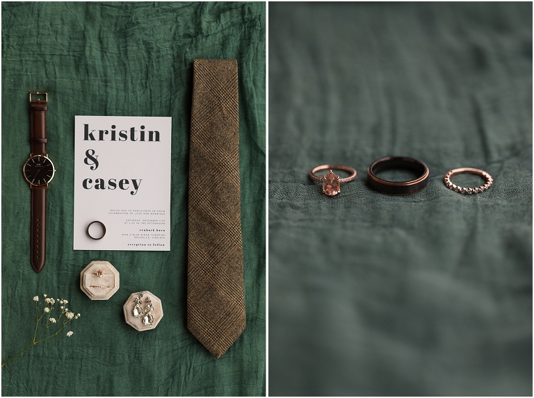 Kristin & Casey's green corduroy winter white barn wedding at Renback Barn with a custom wedding name sign, mountain view wedding portraits, all black wedding party clothes, wedding jean jacket, and sparkler exit. This is a wedding detail photo of the invitation, groom's details, and wedding rings