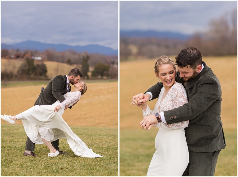 Kristin & Casey's green corduroy winter white barn wedding at Renback Barn with a custom wedding name sign, mountain view wedding portraits, all black wedding party clothes, wedding jean jacket, and sparkler exit.