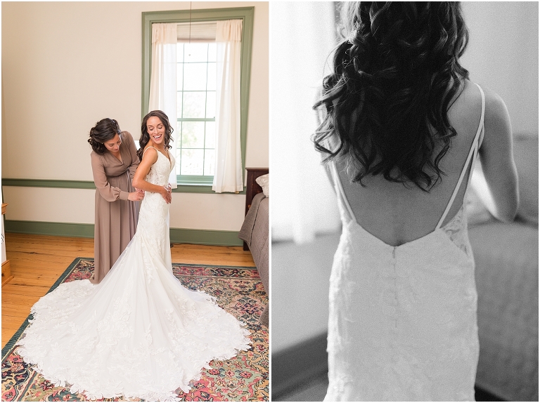 Family farm and barn spring wedding bride with her wedding dress getting ready