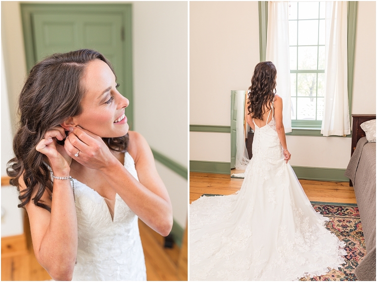 Family farm and barn spring wedding bride with her wedding dress getting ready
