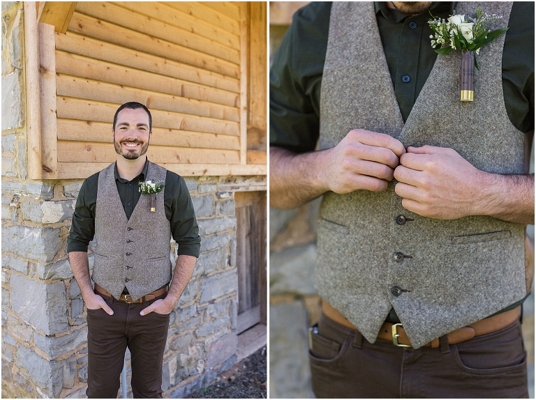 Family farm and barn spring wedding groom portraits