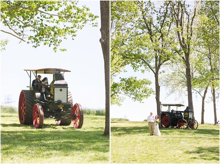 Family farm and barn spring wedding ceremony bride walking down the aisle with her father off of her antique family tractor