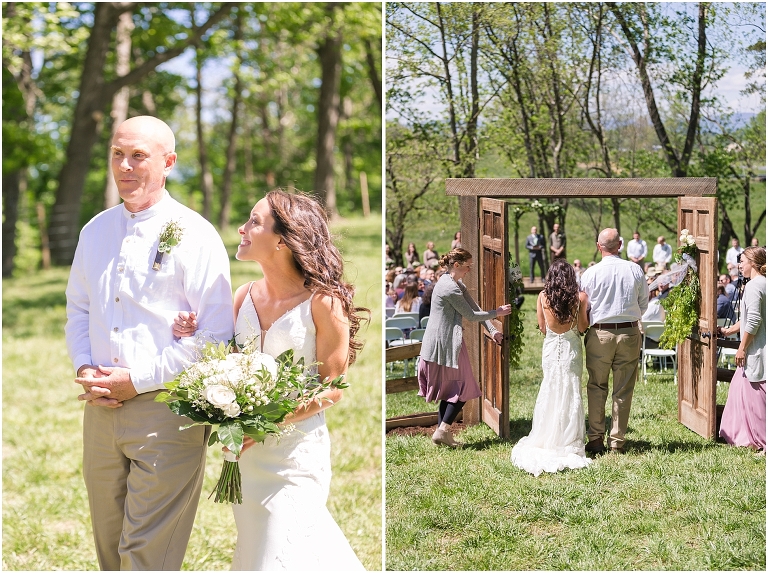 Family farm and barn spring wedding ceremony bride walking down the aisle with her father