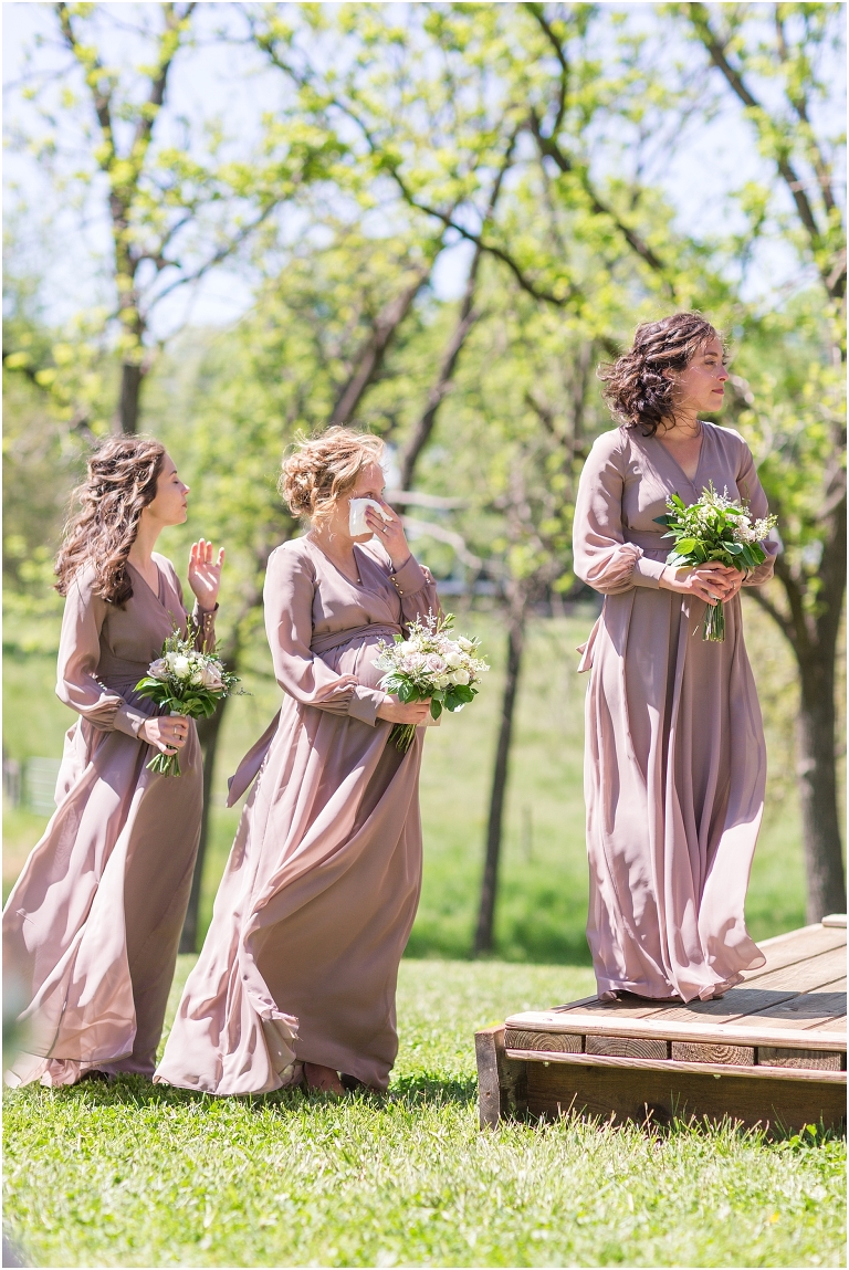 Family farm and barn spring wedding ceremony