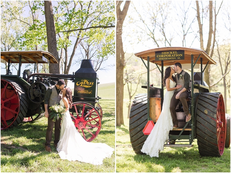 Family farm and barn spring wedding newlywed portraits with the family antique tractor