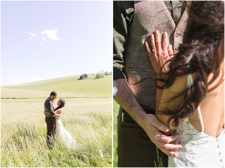 Family farm and barn spring wedding newlywed portraits in an open field