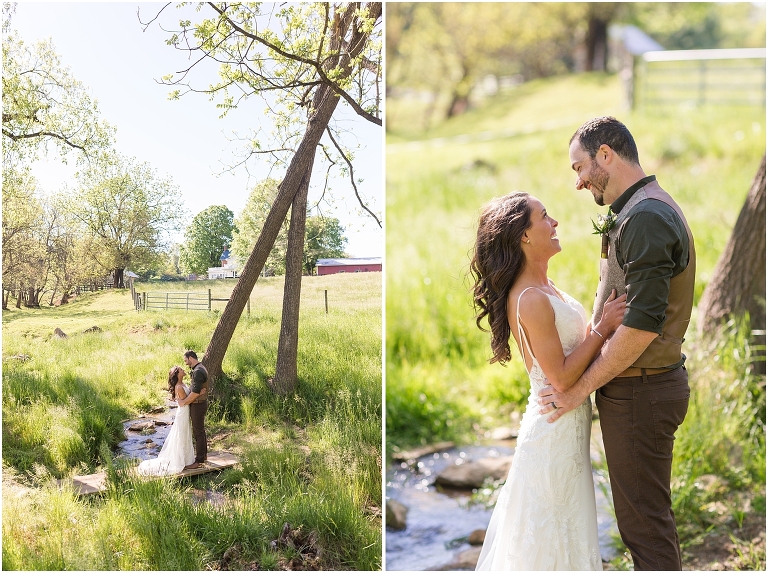 Family farm and barn spring wedding newlywed portraits in a creek