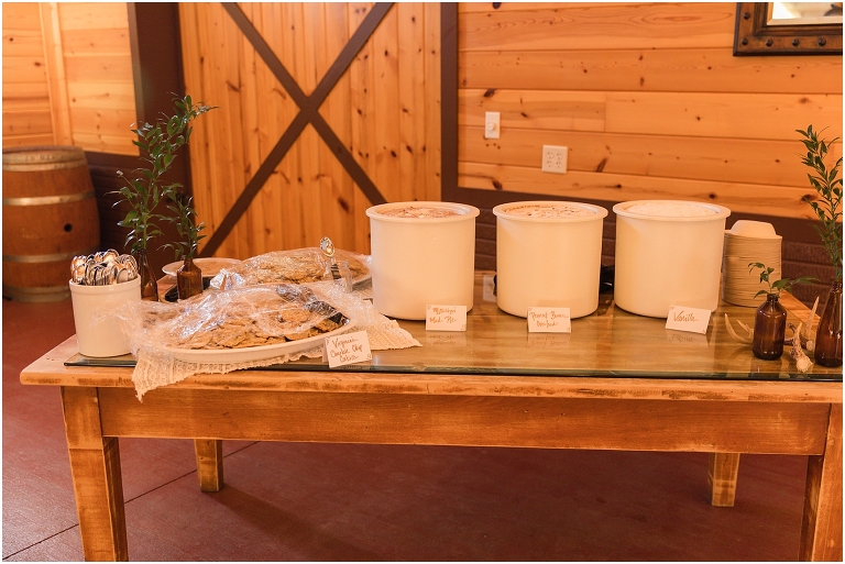 Family farm and barn spring wedding reception details ice cream and chocolate cookies for dessert