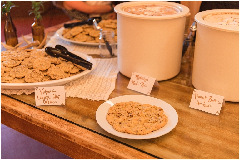 Family farm and barn spring wedding reception details ice cream and chocolate cookies for dessert