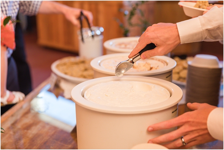 Family farm and barn spring wedding reception details ice cream and chocolate cookies for dessert