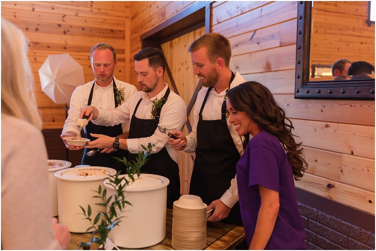 Family farm and barn spring wedding reception details ice cream and chocolate cookies for dessert