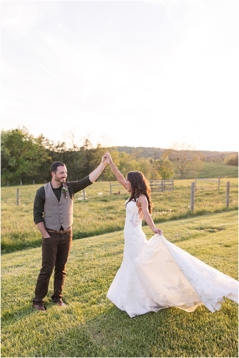 Family farm and barn spring wedding sunset newlywed portraits