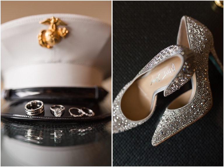 Wedding rings on a military hat and sparkly heels waiting for the couple to finish getting ready in their hotel rooms for their Virginia elopement