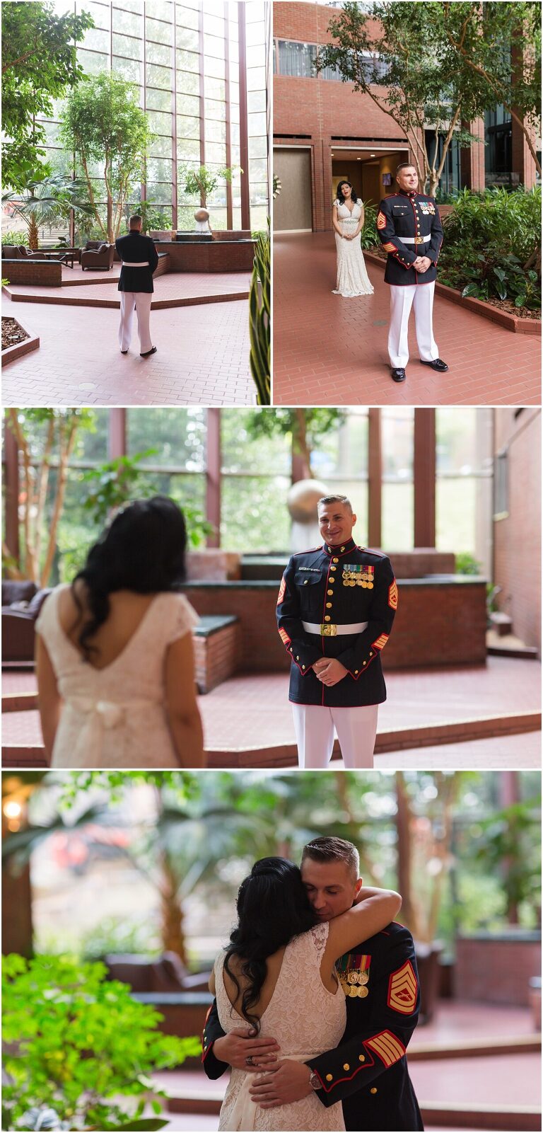 A bride and groom share a first look in the lobby of their hotel room in Charlottesville, Virginia before their elopement