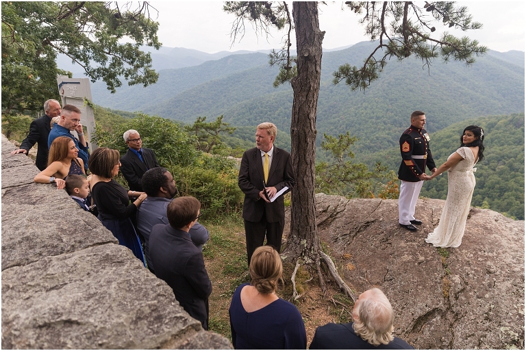 Blue Ridge Parkway sunset elopement in the mountains with only immediate family as guests photographed by a Virginia wedding and elopement photographer