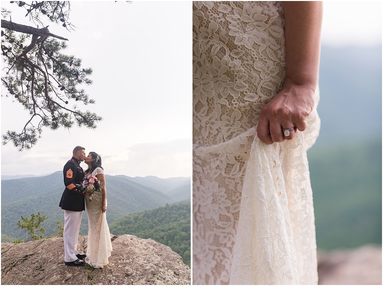 Newlywed portraits at a Blue Ridge Parkway mountain view sunset overlook after their Virginia elopement