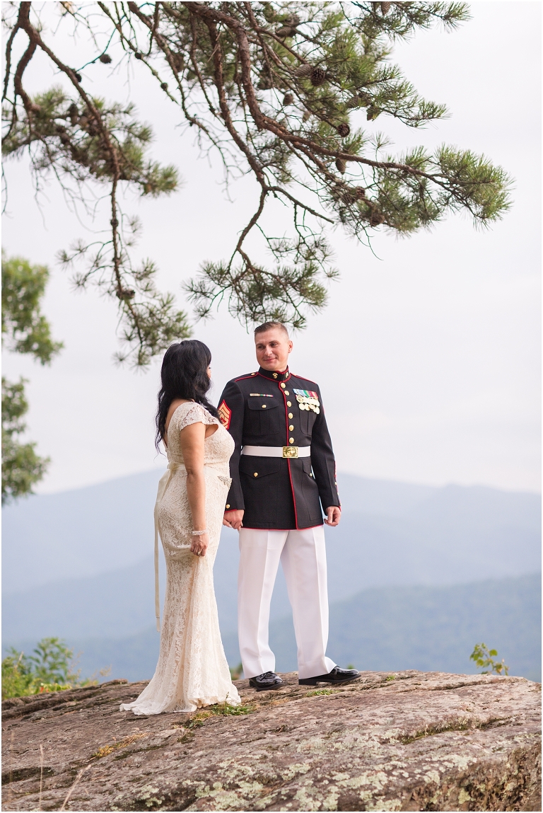 Newlywed portraits at a Blue Ridge Parkway mountain view sunset overlook after their Virginia elopement