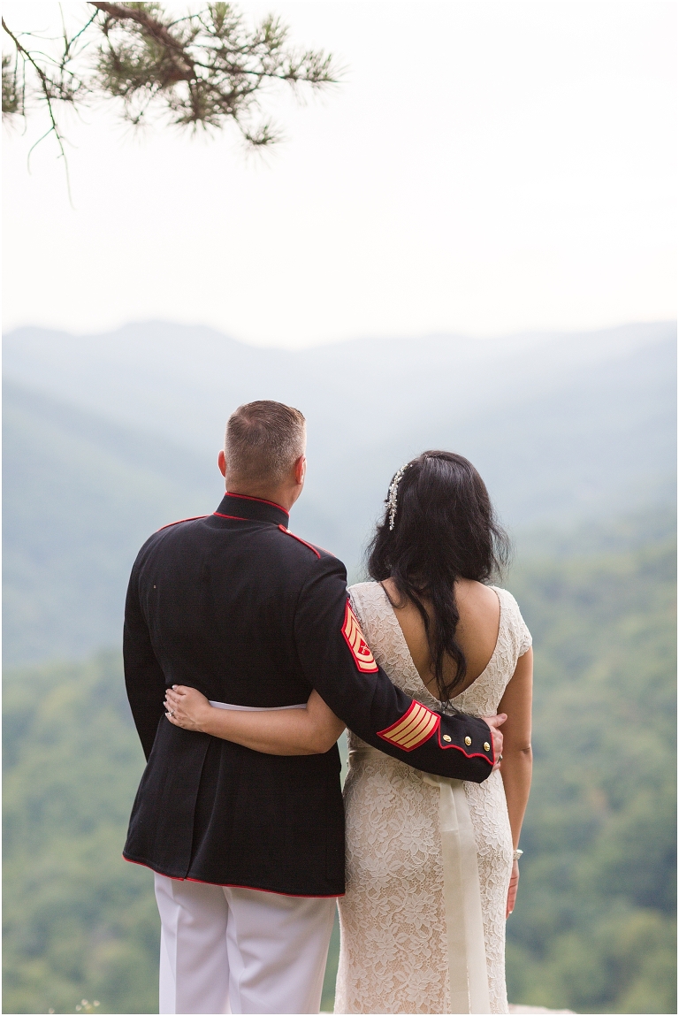 Newlywed portraits at a Blue Ridge Parkway mountain view sunset overlook after their Virginia elopement