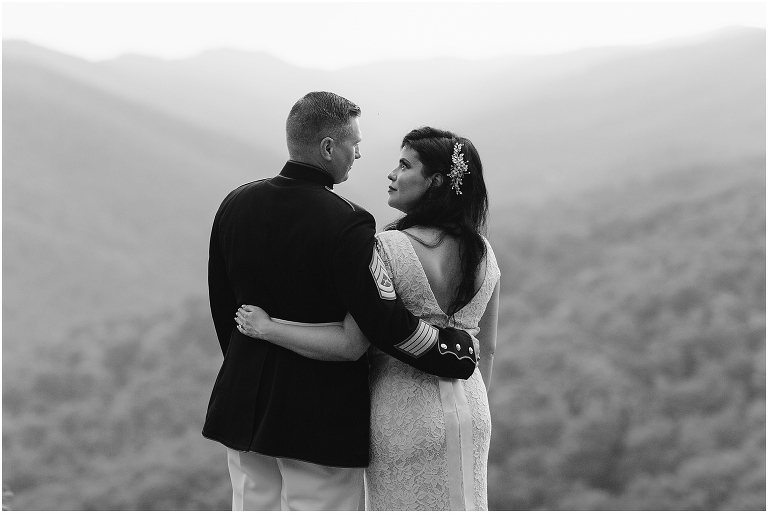 Newlywed portraits at a Blue Ridge Parkway mountain view sunset overlook after their Virginia elopement