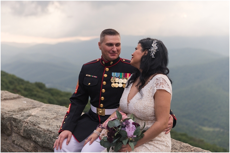 Newlywed portraits at a Blue Ridge Parkway mountain view sunset overlook after their Virginia elopement