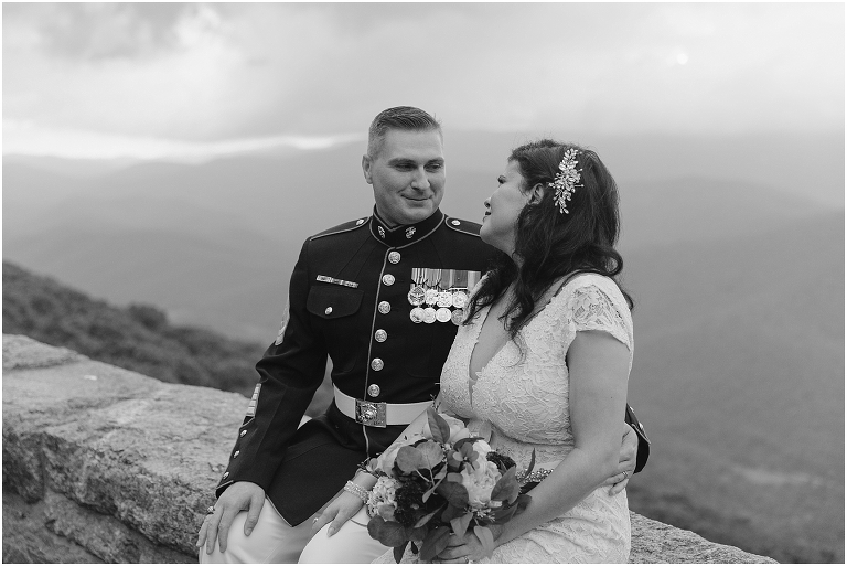 Newlywed portraits at a Blue Ridge Parkway mountain view sunset overlook after their Virginia elopement