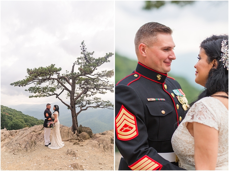 Newlywed portraits at a Blue Ridge Parkway mountain view sunset overlook after their Virginia elopement