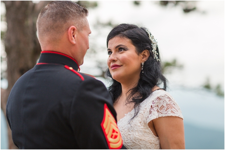 Newlywed portraits at a Blue Ridge Parkway mountain view sunset overlook after their Virginia elopement