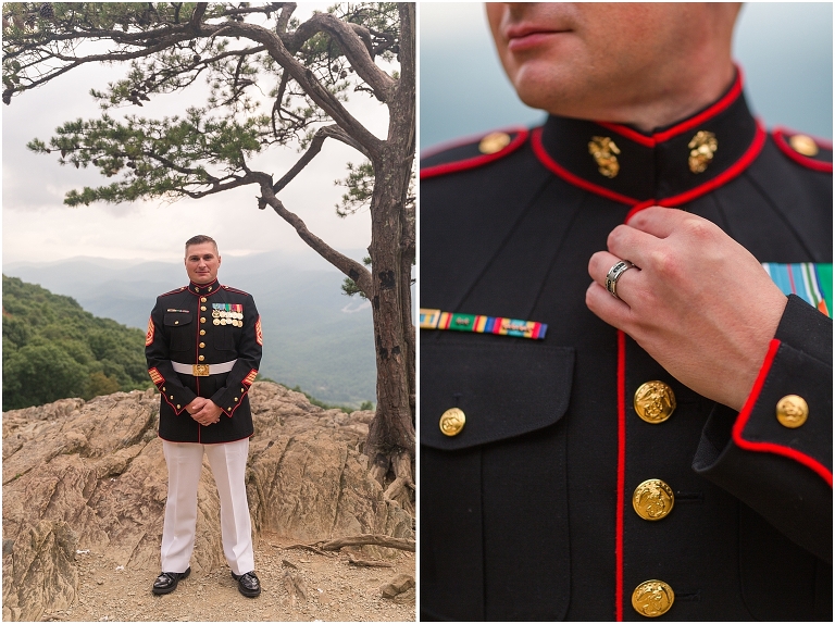 Newlywed portraits at a Blue Ridge Parkway mountain view sunset overlook after their Virginia elopement