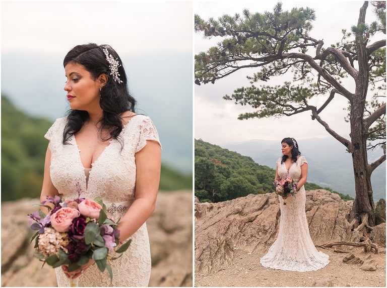 Newlywed portraits at a Blue Ridge Parkway mountain view sunset overlook after their Virginia elopement