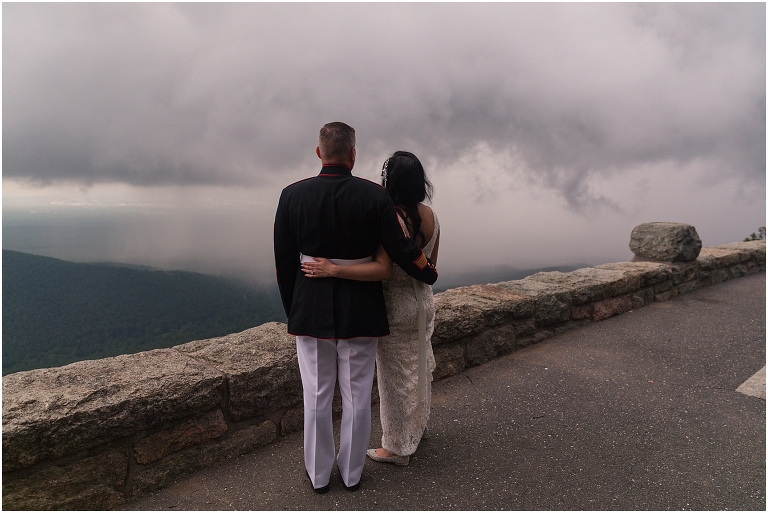 Newlywed portraits at a Blue Ridge Parkway mountain view sunset overlook after their Virginia elopement